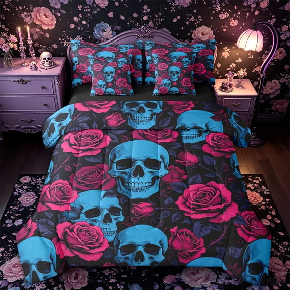 Castle Fairy Retro Gothic Skull 7-Piece Twin Bedding,Hot Pink Rose Skeleton Graphic Bedding Comforter Set,Light Blue Pink Black,Black Reversible