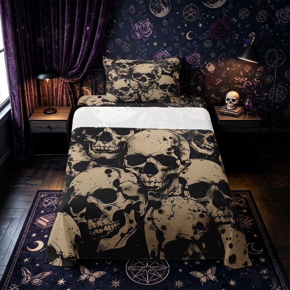 Castle Fairy Retro Graffiti Skull Twin Sheets 3pcs,Beige Splash Dot Allover Pattern Bedding,Cream Black,1 Fitted Sheet,1 Flat Sheet and 1 Pillowcase