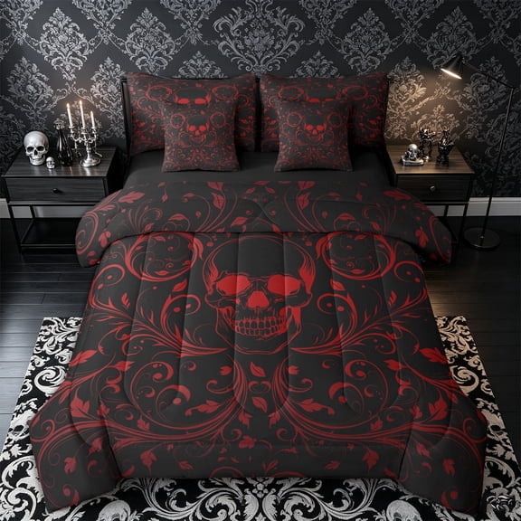 Castle Fairy Retro Halloween Skull 7-Piece Twin Bedding,Gothic Scroll Vine Bedding Comforter Set,Black Red,Black Reversible