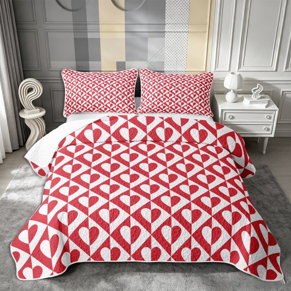 Castle Fairy Retro Heart Check Twin Quilt Set 2 Pieces,Minimalism Love Motif Twin Coverlet Set,Red White,1 Bedspread and 1 Pillowcase