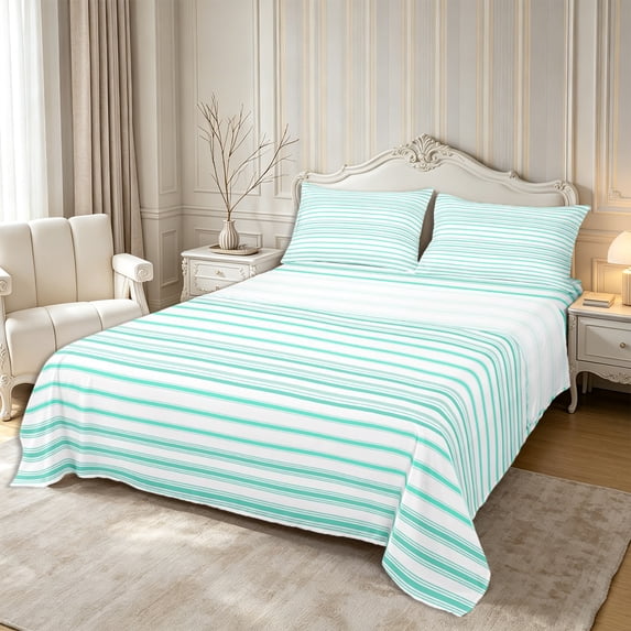 Castle Fairy Retro Horizontal Stripe Bed Sheets 4-Piece,Mid Century Thin Line Full Size Sheets,Mint White,1 Flat Sheet, 1 Fitted Sheet and 2 Pillowcases