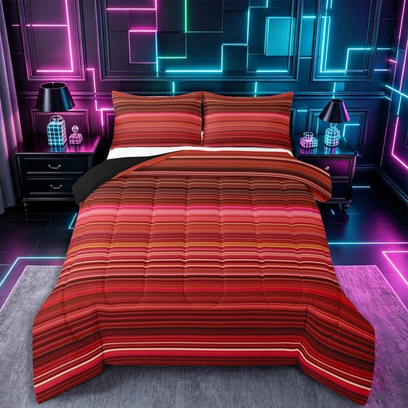 Castle Fairy Retro Horizontal Stripe Queen Comforter Set 3 Pieces,Mid Century Thin Line Comforter Sets Queen,Rust Crimson Blush,Reversible,1 Comforter and 2 Pillowcases