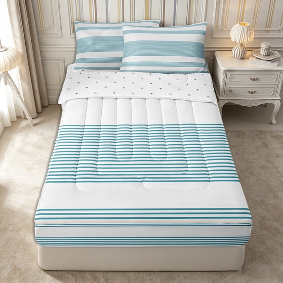 Castle Fairy Retro Horizontal Stripe Zipper Queen Comforter Set with Fitted Sheet and 2 Pillowcases,Minimalist Thin Line Zipper Bedding Set,Teal Blue White,Reversible
