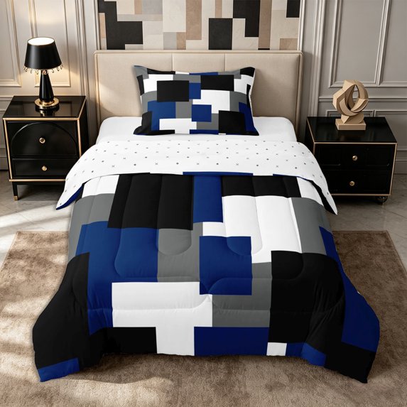 Castle Fairy Retro Irregular Square Block Twin Comforter Sets 2pcs,Abstract Overlap Geometric Bedding Set,Navy Gray Black,Reversible,1 Comforter and 1 Pillowcase
