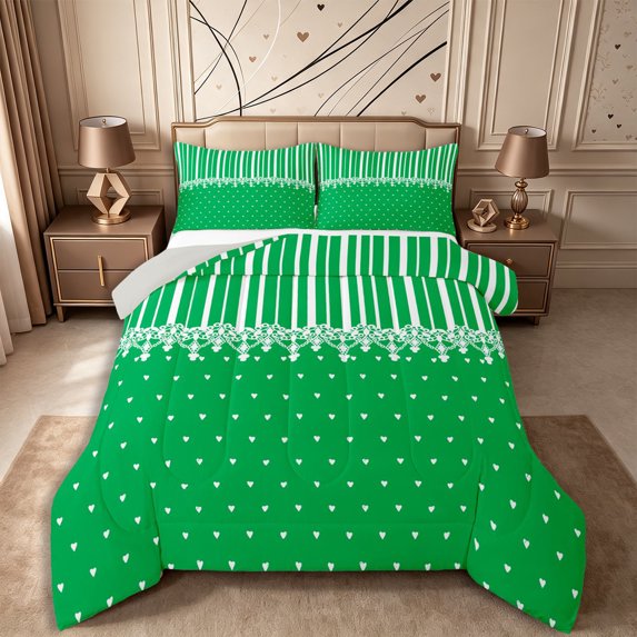 Castle Fairy Retro Lace Trim Stripe King Size Comforter Sets 3pcs,Minimalist Heart Pattern Comforters King Size,Emerald Green White,Reversible,1 Comforter and 2 Pillowcases