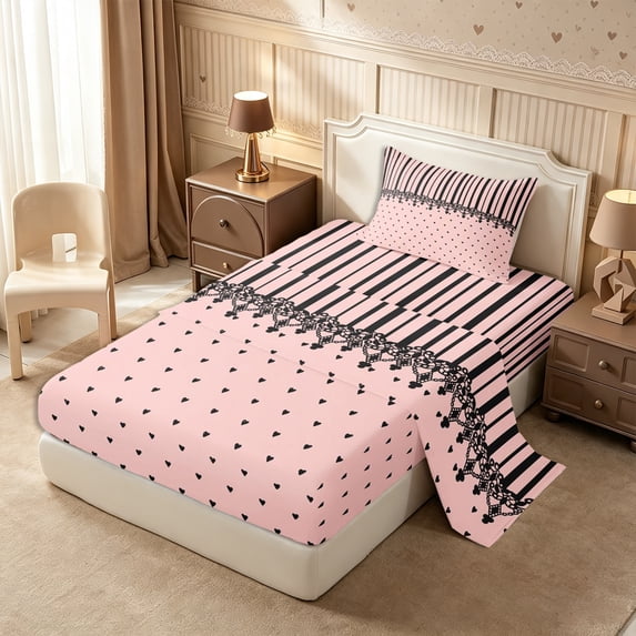 Castle Fairy Retro Lace Trim Stripe Twin Sheets 3pcs,Minimalism Heart Grid Bedding,Pink Black,1 Flat Sheet, 1 Fitted Sheet and 1 Pillowcase