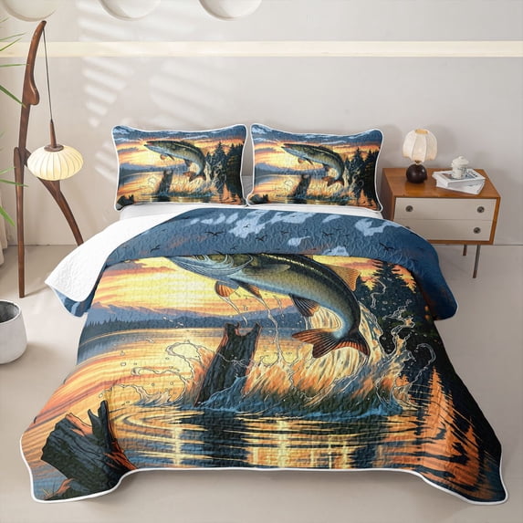Castle Fairy Retro Lake Bass Print Twin Quilt Set,Jumping Fish Pine Sunset Landscape Art Twin Coverlet Set,Orange Navy