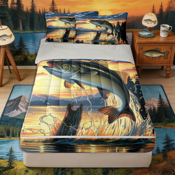 Castle Fairy Retro Lake Bass Print Zipper Twin Comforter Sets with Fitted Sheet and 2 Pillowcases,Jumping Fish Pine Sunset Landscape Art Zipper Bedding Set,Orange Navy,Grey Reversible,4-Piece