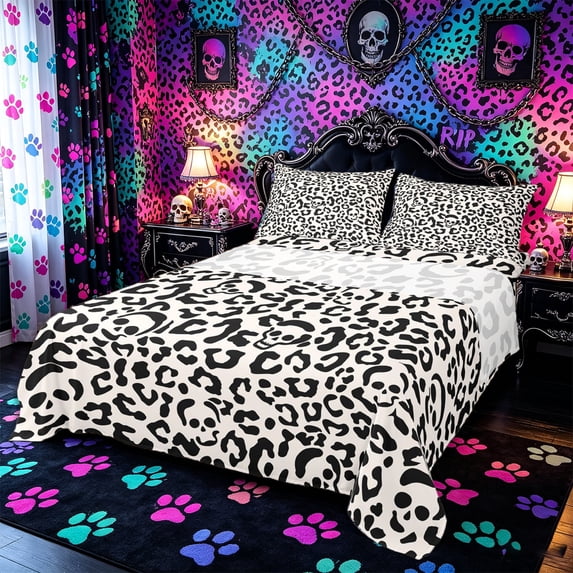 Castle Fairy Retro Leopard Skull King Sheets 4pcs,Cream Cheetah Skeleton Pattern Bedding,Ivory Black,1 Fitted Sheet,1 Flat Sheet and 2 Pillowcases