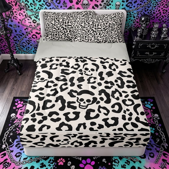 Castle Fairy Retro Leopard Skull Zipper Twin Comforter Sets with Fitted Sheet and 2 Pillowcases,Cream Cheetah Skeleton Pattern Zipper Bedding Set,Ivory Black,4-Piece,Grey Reversible
