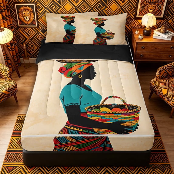 Castle Fairy Retro Market Woman Carrying Fruit Basket Zipper Twin Comforter Sets with Fitted Sheet and 2 Pillowcases,Colorful Woven Texture Art Zipper Bedding Set,Black Reversible,4-Piece
