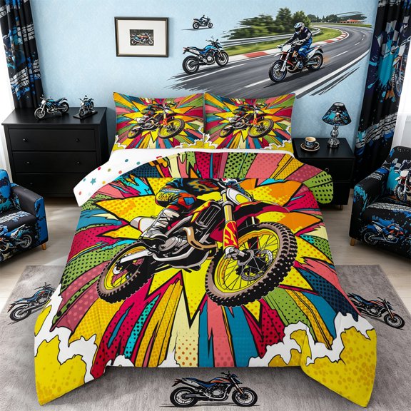 Castle Fairy Retro Motocross Full Size Comforter Sets 3 Pieces for Teens, Comic Burst Track Bedding Sets for Retro Bedroom, Red Yellow