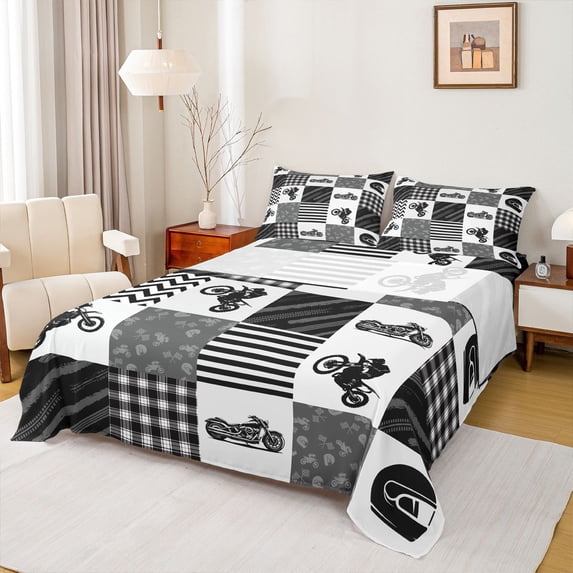 Castle Fairy Retro Motorcycle Bed Sheets 4pcs for Teens, Grunge Helmet Check King Sheets for Modern Room, Black White Gray