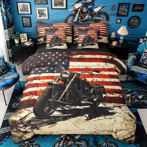 Castle Fairy Retro Motorcycle Twin Bedding Sets 7-Piece for Teens, American Flag Art Bedding Comforter Set for Bedroom, Red Beige,Black Reversible