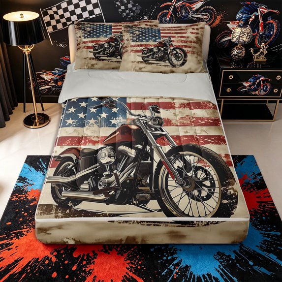 Castle Fairy Retro Motorcycle Zipper Full Size Comforter Sets with Fitted Sheet and 2 Pillowcases,American Flag Print Zipper Bedding Set for Bedroom,Red Beige,4pcs,Grey Reversible
