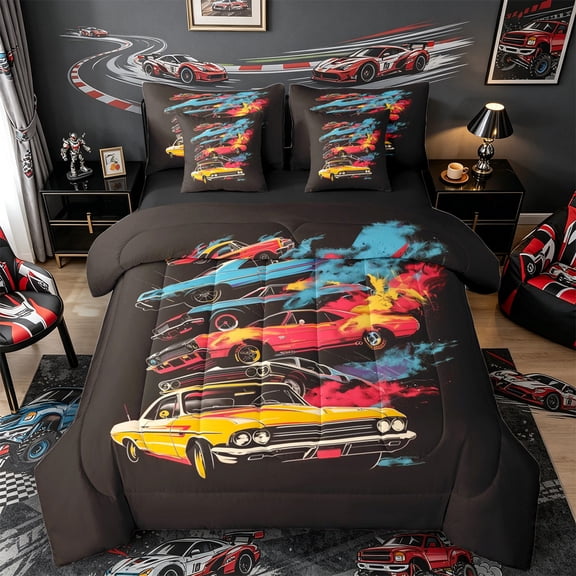 Castle Fairy Retro Muscle Car Twin Bedding Sets 7-Piece for Kids, Graffiti Splash Art Bedding Comforter Set for Bedroom, Blue Red Black,Black Reversible