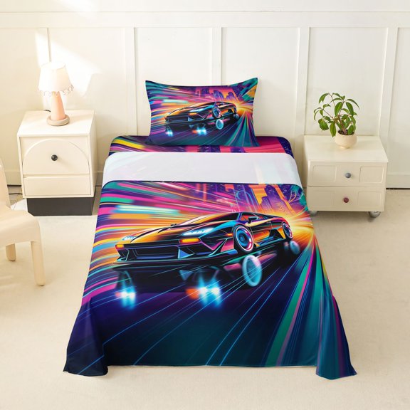Castle Fairy Retro Neon Sports Car Twin Sheet Sets 3pcs for Teens, City Light Print Bedding for Bedroom, Cyan Black