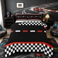 thumbnail image 1 of Castle Fairy Retro Race Border Queen Comforter Set 3pcs for Boys, Stripe Track Motif Bedding Comforter Set for Bedroom, Red Black,Black Reversible, 1 of 6