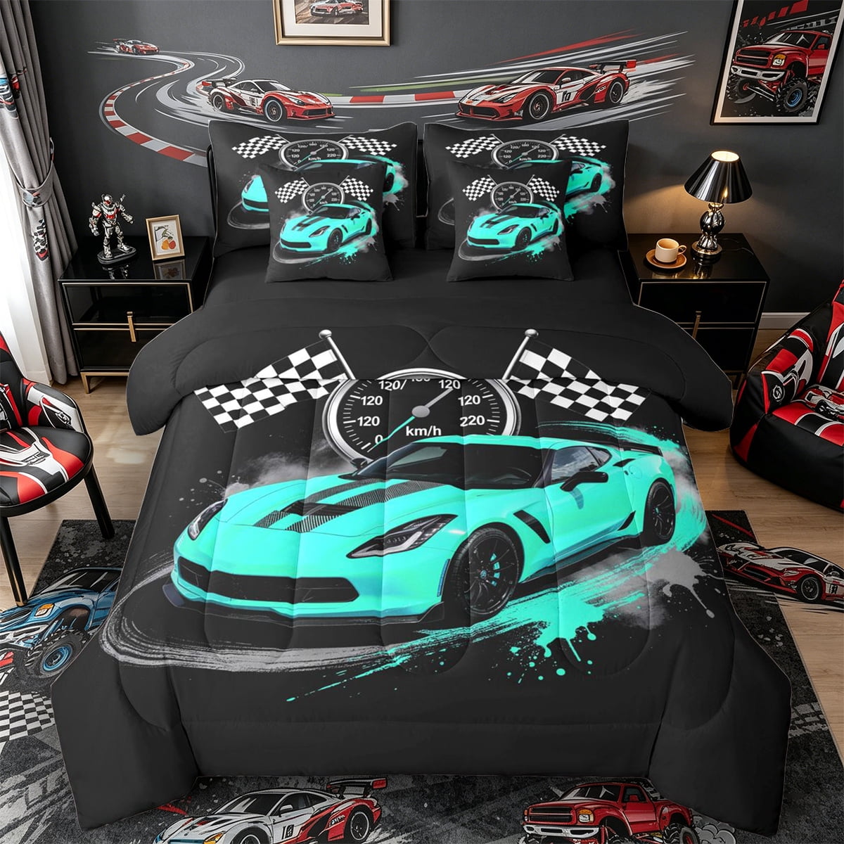 Castle Fairy Retro Race Car Bedding Comforter Set 7-Piece for Teens ...