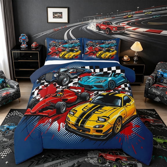 Castle Fairy Retro Race Car Full Size Comforter Sets 3 Pieces for Teens, Checkered Flag Bedding Sets for Bedroom, Blue Yellow,Navy Blue Reversible