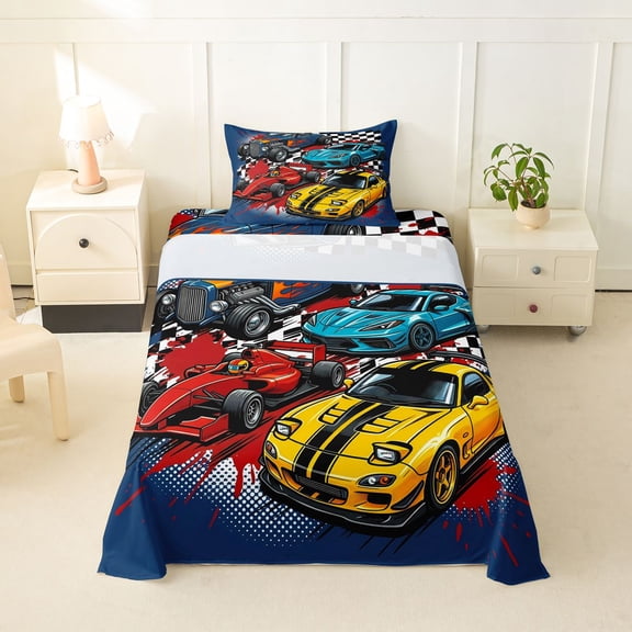 Castle Fairy Retro Race Car Twin Sheet Sets 3pcs for Teens, Checkered Flag Bedding for Bedroom, Blue Yellow