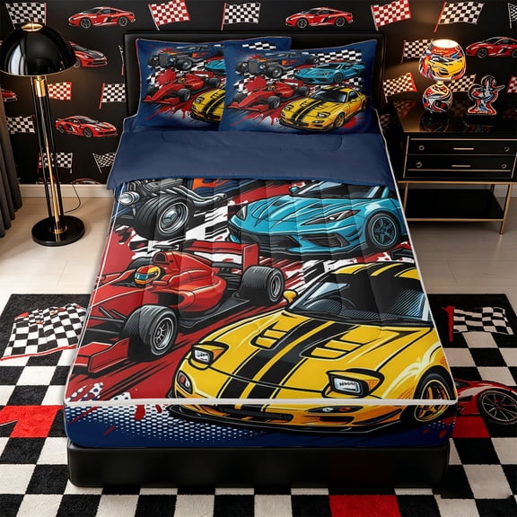 Castle Fairy Retro Race Car Zipper Twin Comforter Sets with Fitted Sheet and 2 Pillowcases,Checkered Flag Zipper Bedding Set for Bedroom,Blue Yellow,4-Piece,Navy Blue Reversible