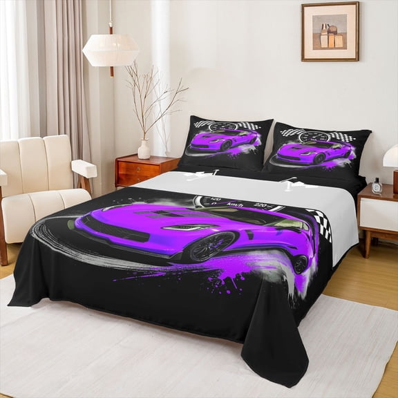 Castle Fairy Retro Racing Car Bed Sheets 4pcs for Boys, Checkered Flag Print King Sheets for Bedroom, Purple Black