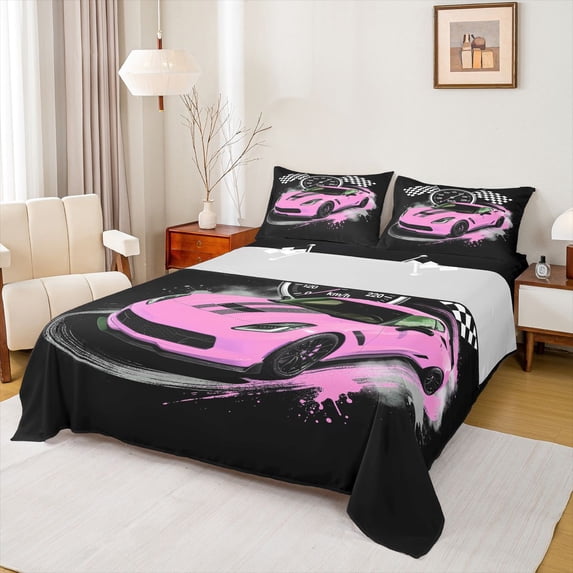 Castle Fairy Retro Racing Car Bed Sheets 4pcs for Girls, Speedometer Flag Art King Sheets for Bedroom, Pink Black