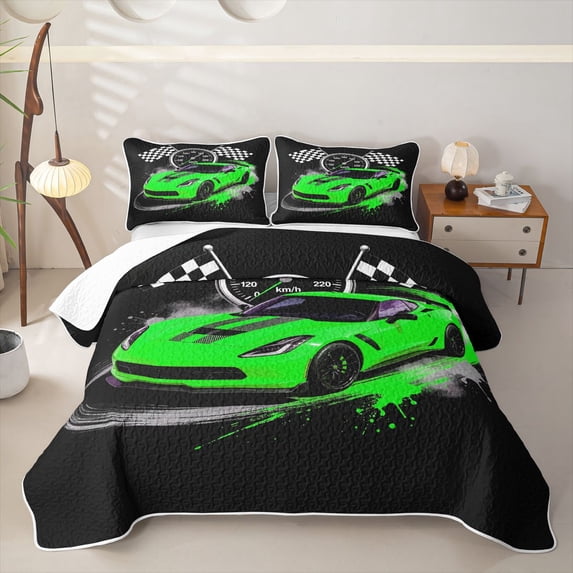 Castle Fairy Retro Racing Car Bed Spread Queen,Race Flag Design Queen Coverlet Set for Bedroom,Green Black