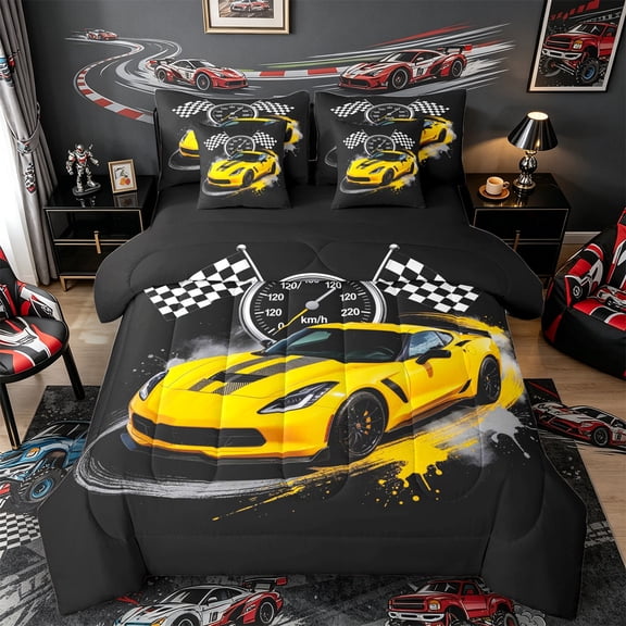 Castle Fairy Retro Racing Car Bedding Comforter Set 7pcs for Kids, Race Flag Print Queen Bedding Sets for Bedroom, Yellow Black,Black Reversible