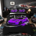 thumbnail image 1 of Castle Fairy Retro Racing Car Queen Comforter Set 3pcs for Boys, Checkered Flag Print Bedding Comforter Set for Bedroom, Purple Black,Black Reversible, 1 of 6