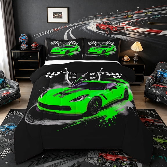 Castle Fairy Retro Racing Car Queen Comforter Set 3pcs for Kids, Race Flag Design Bedding Comforter Set for Bedroom, Green Black,Black Reversible