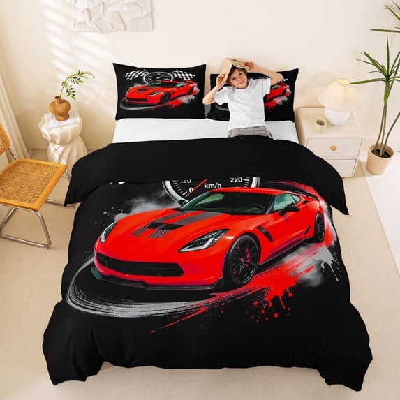 Castle Fairy Retro Racing Car Queen Duvet Cover Set for Teens, Speedometer Art Bedding for Bedroom, Red Black,Black Reversible,3-Piece,No Comforter