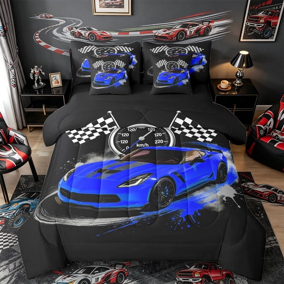 Castle Fairy Retro Racing Car Twin Bedding Sets 7-Piece for Boys, Checkered Flag Design Bedding Comforter Set for Bedroom, Blue Black,Black Reversible