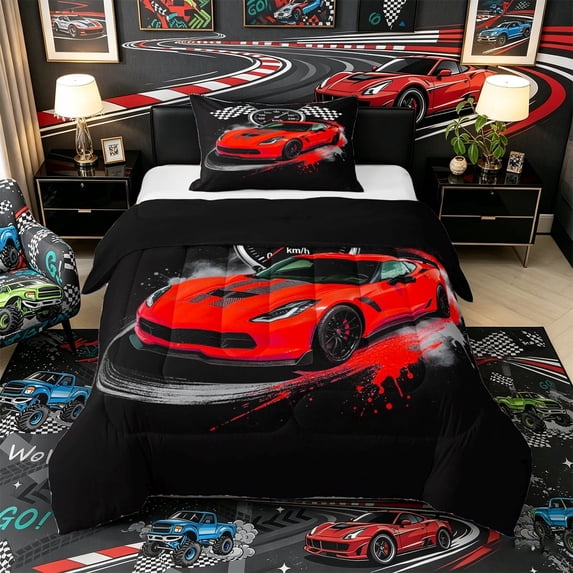 Castle Fairy Retro Racing Car Twin Comforter Sets 3-Piece for Teens, Speedometer Art Bedding Set for Bedroom, Red Black,Black Reversible