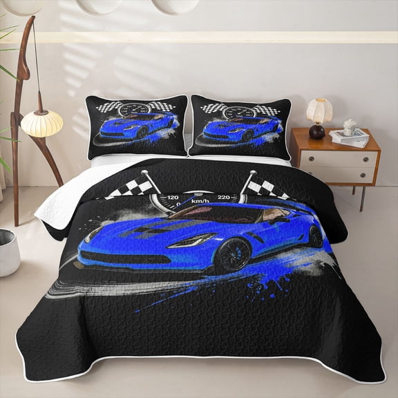 Castle Fairy Retro Racing Car Twin Quilt Set for Boys,Checkered Flag Design Twin Coverlet Set for Bedroom,Blue Black