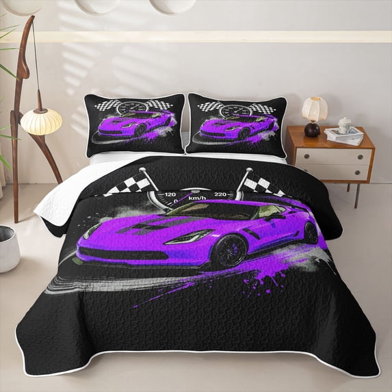 Castle Fairy Retro Racing Car Twin Quilt Set for Boys,Checkered Flag Print Twin Coverlet Set for Bedroom,Purple Black
