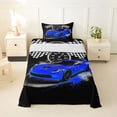 thumbnail image 1 of Castle Fairy Retro Racing Car Twin Sheet Sets 3pcs for Boys, Checkered Flag Design Bedding for Bedroom, Blue Black, 1 of 6