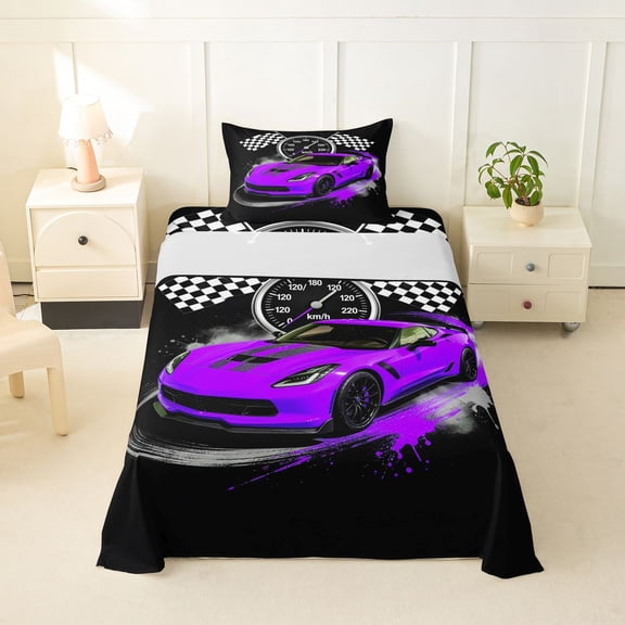 Castle Fairy Retro Racing Car Twin Sheet Sets 3pcs for Boys, Checkered Flag Print Bedding for Bedroom, Purple Black