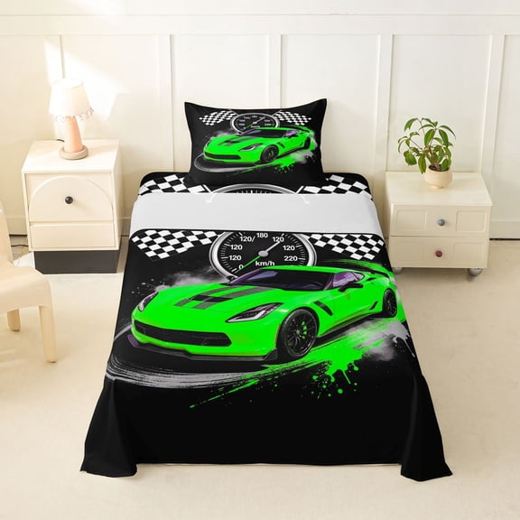 Castle Fairy Retro Racing Car Twin Sheet Sets 3pcs for Kids, Race Flag Design Bedding for Bedroom, Green Black