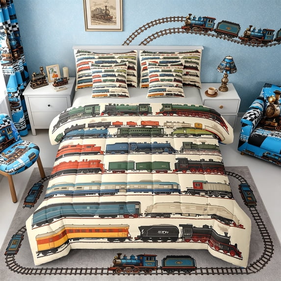 Castle Fairy Retro Realistic Vintage Steam Train Bedding Comforter Set 7pcs for Boys, Classic Locomotive Queen Bedding Sets for Bedroom, Green Red,Grey Reversible