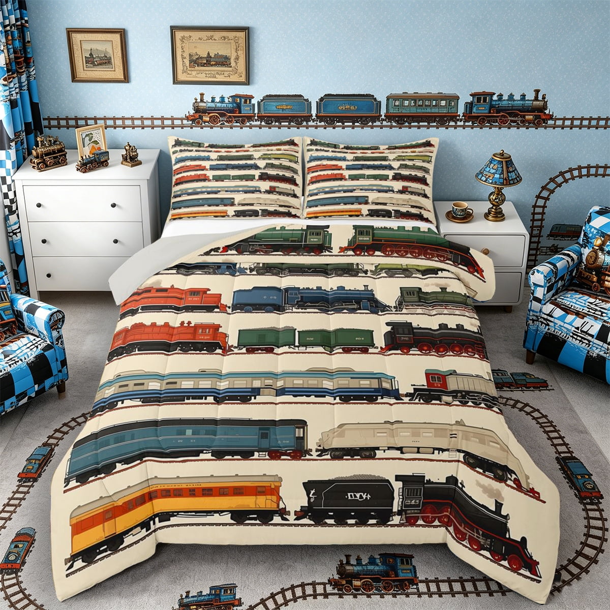 Train Room Collection Castle Fairy Retro Realistic Vintage Steam Train Full Size Comforter ...