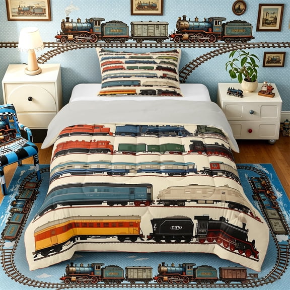 Castle Fairy Retro Realistic Vintage Steam Train Twin Comforter Sets 3-Piece for Boys, Classic Locomotive Bedding Set for Bedroom, Green Red,Grey Reversible