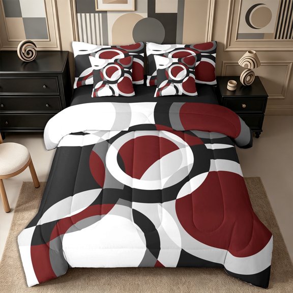 Castle Fairy Retro Ring Full Size Bedding Sets 7 Pieces,Abstract Concentric Circle Full Size Bed in a Bag,Burgundy Gray Black White,Reversible