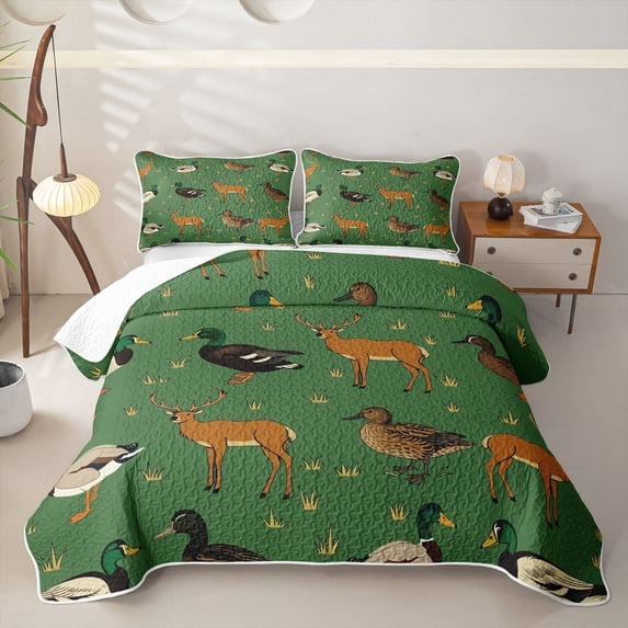 Castle Fairy Retro Rustic Duck Deer Quilt Full,Cartoon Animal Full Bedspread Sets,Olive Tan Cream