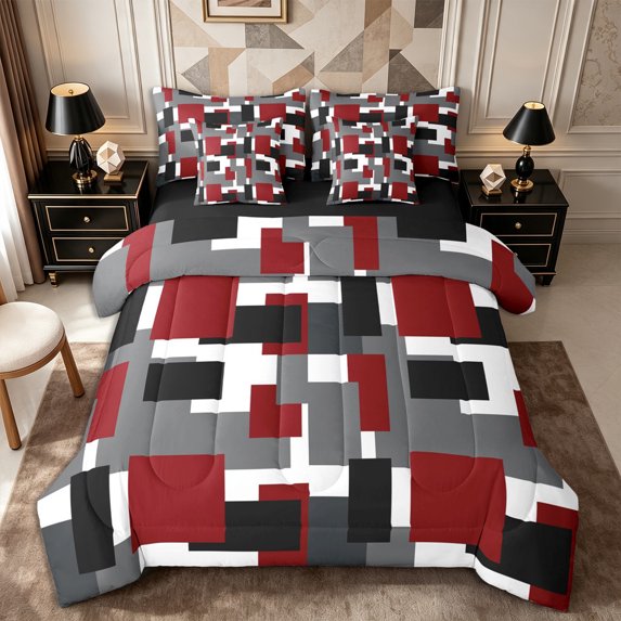 Castle Fairy Retro Solid Block Queen Bedding 7pcs,Mid Century Geometric Square Bedding Comforter Set Queen,Burgundy Black Gray,Reversible