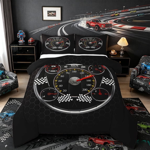 Castle Fairy Retro Speedometer Queen Comforter Set 3pcs for Teens, Race Flag Print Bedding Comforter Set for Bedroom, Black Red,Black Reversible