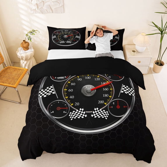 Castle Fairy Retro Speedometer Queen Duvet Cover Set for Teens, Race Flag Print Bedding for Bedroom, Black Red,Black Reversible,3-Piece,No Comforter