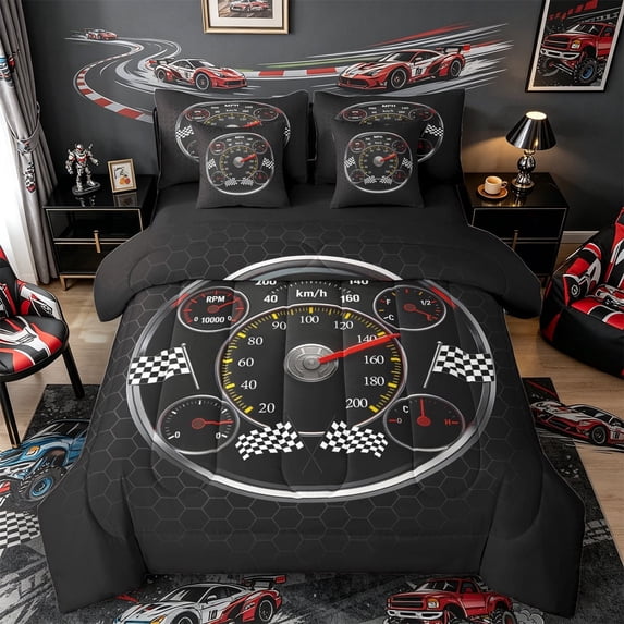 Castle Fairy Retro Speedometer Twin Bedding Sets 7-Piece for Teens, Race Flag Print Bedding Comforter Set for Bedroom, Black Red,Black Reversible