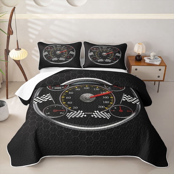 Castle Fairy Retro Speedometer Twin Quilt Set,Race Flag Print Twin Coverlet Set for Bedroom,Black Red
